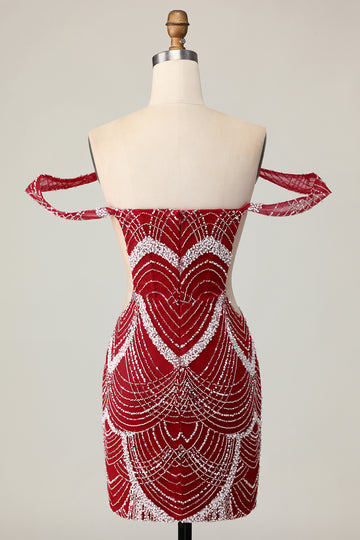 Off the Shoulder Bodycon Red Homecoming Dress with Sequins